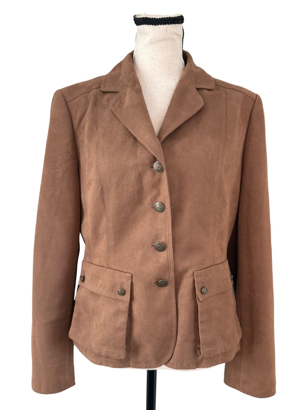 Anne Klein Petite Faux Suede Blazer Jacket Brown Tailored Button Front 8P